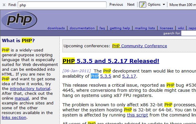 Screenshot of the PHP Manual Website