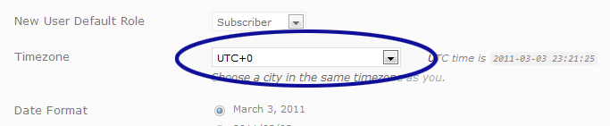 WordPress screenshot showing the Timezone drop down