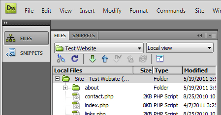 Dreamweaver screenshot showing the view after clicking the Files icon