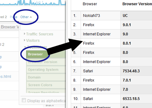 Google Analytics screenshot showing the analytics report for the Browser Name and Version