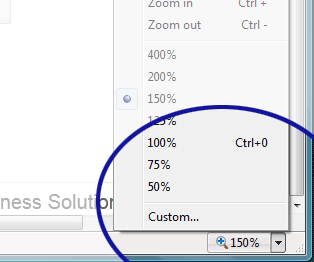 Internet Explorer screenshot for changing the browser zoom