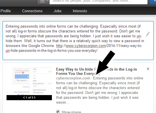 LinkedIn screenshot showing a fully populated link box