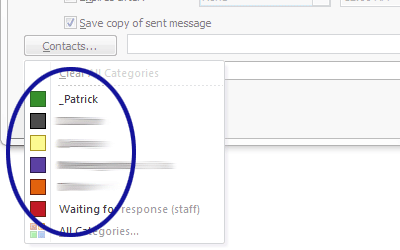 Microsoft Outlook screenshot showing how to choose a category