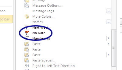 Microsoft Outlook screenshot showing the No Date command